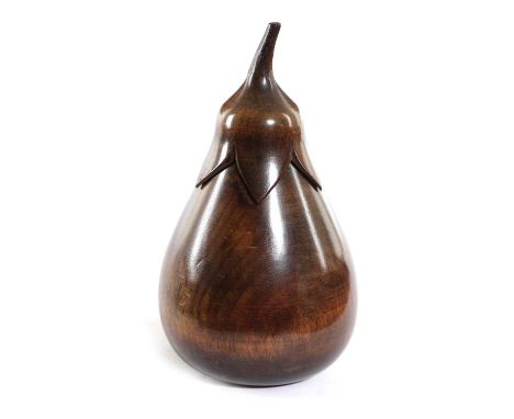 A TREEN FRUITWOOD TEA CADDY IN THE FORM OF AN AUBERGINE20TH CENTURYwith a screw-off calyx and stalk, inner lid lacking13.5cm 