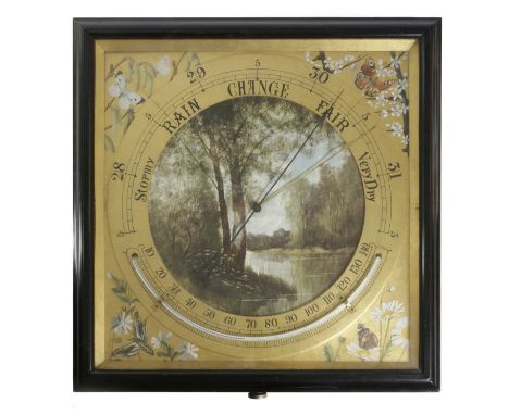 A VICTORIAN BAROMETER THERMOMETERC.1860-80in Aesthetic taste, with a central ceramic plaque, signed and painted with trees an