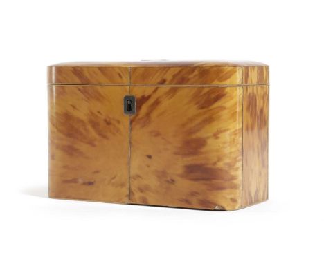 λ A REGENCY BLONDE TORTOISESHELL TEA CADDY EARLY 19TH CENTURYwith pewter stringing, the interior with a pair of lidded compar