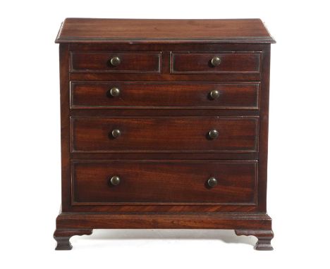 A VICTORIAN MAHOGANY MINIATURE CHESTIN GEORGE III STYLE, MID-19TH CENTURYthe caddy top above two short and three graduated an