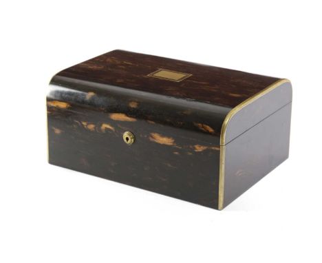 λ A VICTORIAN COROMANDEL AND BRASS BOUND SEWING BOXBY FARTHING & THORNHILL, C.1870the slightly domed hinged cover with a cent