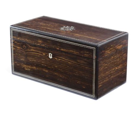 λ A VICTORIAN COROMANDEL, EBONY AND IVORY INLAID TEA CHESTRETAILED BY E. BAXTER, MID-19TH CENTURYof rectangular form, the hin