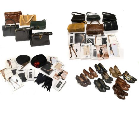 Circa 1940s and Later Costume Accessories comprising a Mappin &amp; Webb light tan snakeskin bag, another in black crocodile 