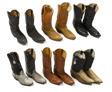Six Pairs of American Cowboy Boots comprising black leather Nocona Boots with pink and blue stitched details (labelled US siz
