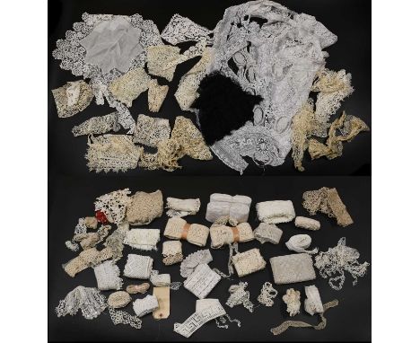 Late 19th and Early 20th Century Lace, comprising Honiton lace collars, lace trimmed handkerchief, pairs of cuffs, Venetian P