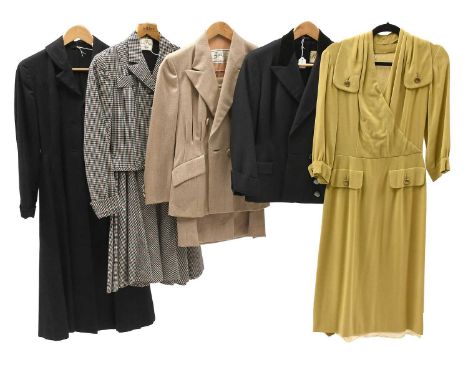 Circa 1940s Ladies Costume comprising a Bond Fifth Avenue light brown two-piece tweed skirt suit with double breasted jacket 