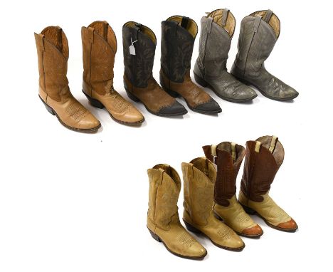 Five pairs of American Cowboy Boots with Stitched Details comprising a black leather and brown suede pair by Tony Lama, El Pa