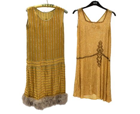1920s Beadwork Dress, worked on yellow cotton, sleeveless with silver trellis bead design overall, black and gold bead trim a