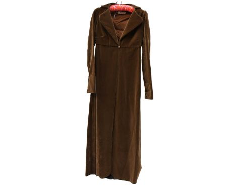 A Late 1960s 'Granny Takes a Trip' Brown Velvet Regency Style Long Coat with collar and lapels, single button fastening under