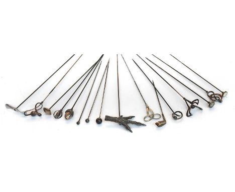 A Collection of Mainly Silver Early 20th Century Hat Pins, comprising four examples by Charles Horner, a novelty hinged silve