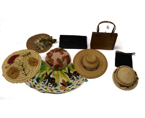 Collection of Circa 1940s and Later Costume Accessories comprising a pale pink velvet hat adorned with copper coloured leaves