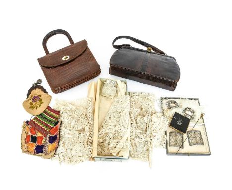 Assorted Late 19th and Early20th Century Costume Accessories, comprising a Mappin &amp; Webb handbag, a brown crocodile bag w