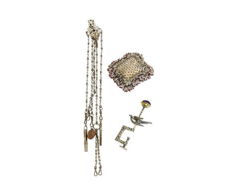 Late 19th Century Cut Steel Chatelaine, with a pierced and hinged clip supporting five link chains attached to an extending p