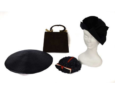 Circa 1950s Navy Blue Schiaparelli Paris Wool Hat of rounded design with blue velvet ribbon and leaf decoration, with a white