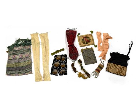 Assorted Sewing and Costume Accessories, comprising a mustard silk miniature pin cushion modelled as a shoe, a green silk rec