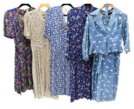 Assorted Circa 1940s &amp; 50s Ladies Costume comprising a CC41 blue, pink and green floral short sleeve tea dress and waist 