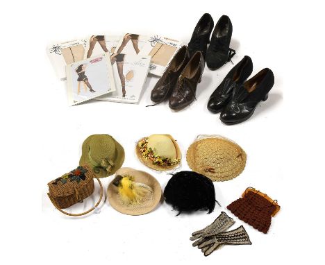 Assorted 1940s and Later Costume Accessories comprising a Doreé natural straw work hat with floral trim to the brim, a Gage O