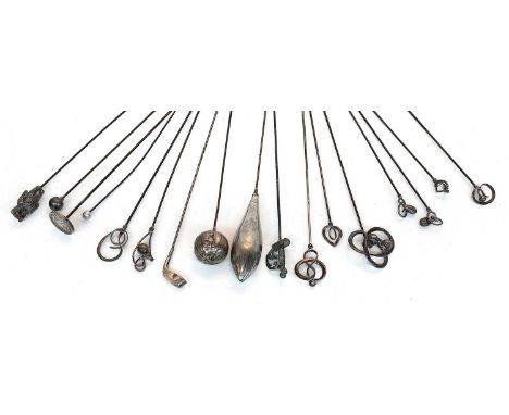 A Collection of Mainly Silver Early 20th Century Hat Pins, comprising seven singles and a pair of by Charles Horner, a novelt