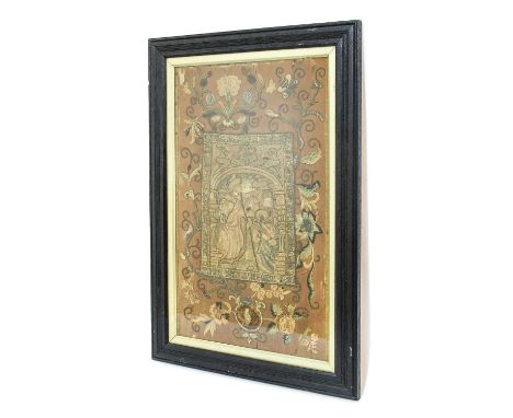 Possibly 17th Century Figural Embroidered Oprhrey Panel, depicting 'Noli me tanger' Touch Me Not, where the risen Christ tell