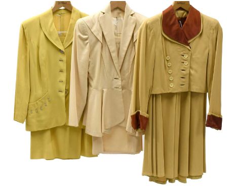 Three Circa 1940s Suits comprising a skirt suit in mustard yellow with a double breasted cropped jacket, red lining and match