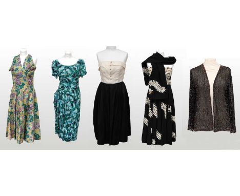 Mid-20th Century Evening Costume, comprising a black cotton strapless dress appliqué with feather style cream embroidery and 