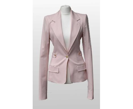 Yves Saint Laurent Pink Rive Gauche Blazer-Style Jacket with long sleeves, faux pockets to the front, stitched detailing over