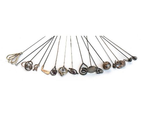 A Collection of Mainly Silver Early 20th Century Hat Pins, comprising five examples by Charles Horner, a novelty cockerel and