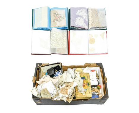 Assorted Sewing Accessories and Lace comprising a Hannum Pinking Machine with clamp, embroidery scissors, needle cases and pi