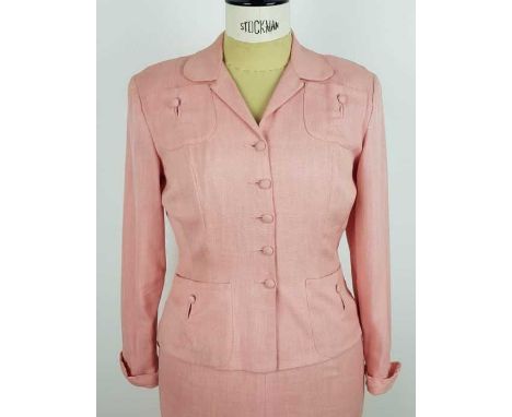Circa 1950s Costume comprising a pink cotton short sleeve day dress printed with white butterflies, white trim to the bodice 
