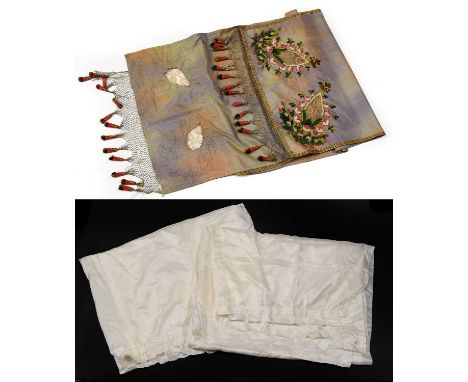 Early 20th Century Shot Silk Stole, appliqué to the ends with wool floral designs and lace inserted leaf shapes, edged with a