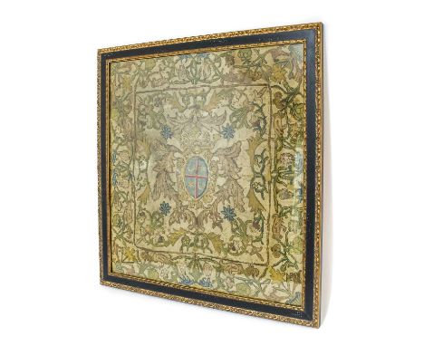 18th Century European Embroidery appliquéd on a cream silk backing cloth, with a central cartouche enclosing blue silk quarte