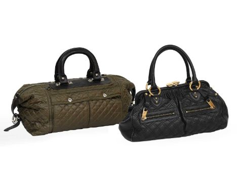 A Marc Jacobs Black Leather Quilted Stam Satchel Handbag with gold toned hardware, two zip pockets to the exterior, hinged cl