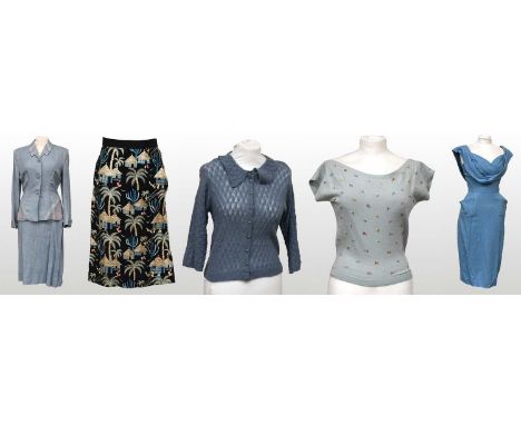 Circa 1940-50s Costume comprising a pale blue sleeveless cocktail dress with pleated wrap bodice and draped collar, with deep