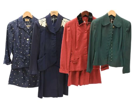 Circa 1940s Suits comprising a Sandy Smith Fashion including a Junior Miss navy jacket with cream appliqués and embellishment