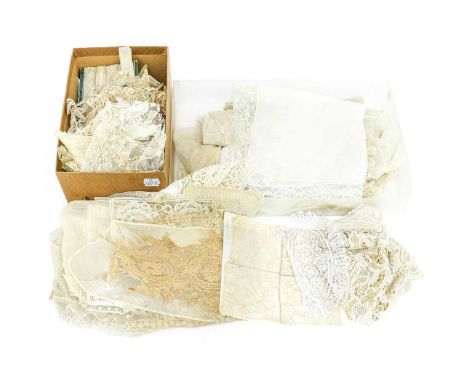 Mainly 20th Century Decorative Lace comprising a large silk handkerchief with lace insertion and trim, a white cotton example