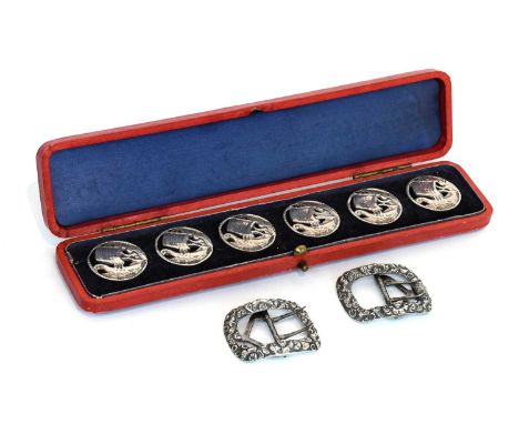 Set of Six Silver Buttons, modelled as a cherub sailing a stylised boat by Lawrence Emanuel, Birmingham, 1902, in a fitted re