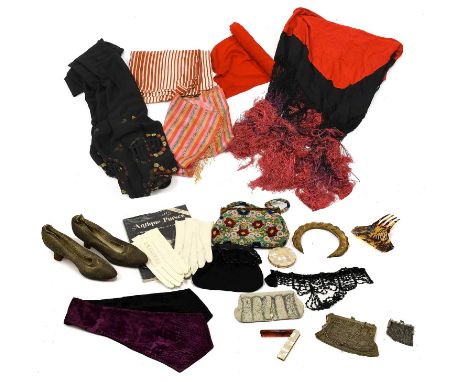 Mainly Early 20th Century Costume Accessories comprising a silver mesh purse, a smaller plated example, hair comb, gilt lame 