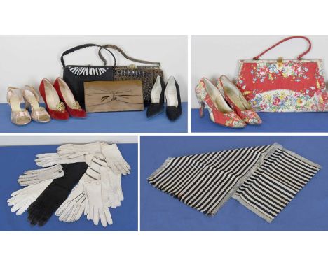 Circa 1950s and Later Costume Accessories, comprising a pair of Rayne red cotton floral mounted heels and matching bag with h