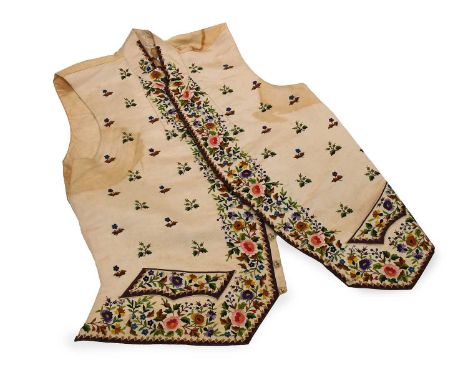 Early 19th Century Gents Cream Silk Waistcoat, embroidered in coloured silks with floral embroidery to the openings, faux poc