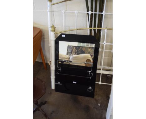 BLACK GLASS FRAMED BATHROOM SHELF AND MIRROR