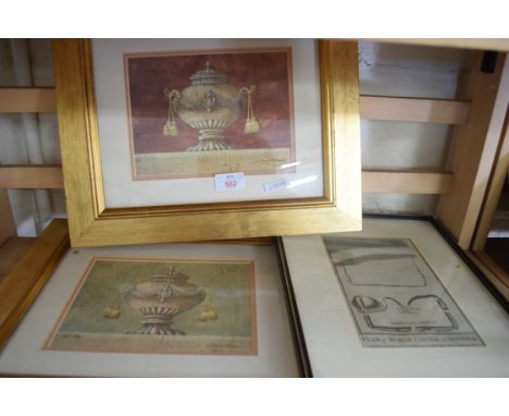 PAIR OF CONTEMPORARY COLOURED PRINTS OF VASES, GILT F/G TOGETHER WITH A SMALL FRAMED ANTIQUE PLAN OF BURGH CASTLE, SUFFOLK, F