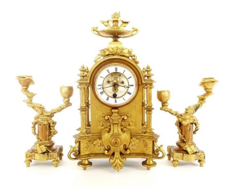 French gilt metal mantel clock timepiece garniture, with visible escapement, 14" high (pendulum)