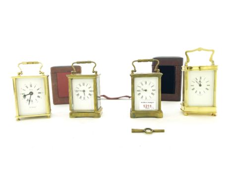 Old carriage clock timepiece within a corniche brass case, 5.75" high (with key and outer travelling case); also another carr
