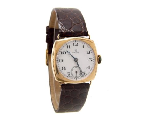 Omega 9ct cushion cased gentleman's wristwatch, Birmingham 1928, signed white dial with Arabic numerals, subsidiary seconds a
