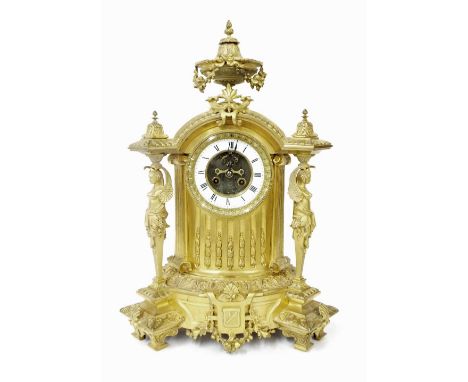 French ormolu two train pillar mantel clock, the Vincenti movement striking on a bell (missing), the 4.25" white chapter ring