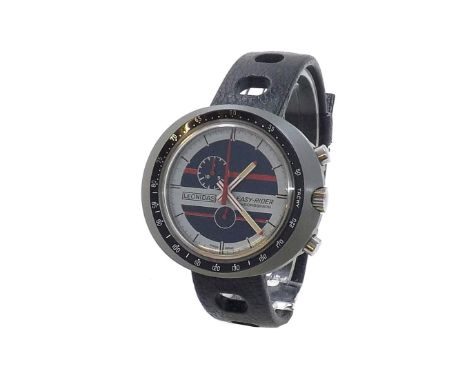 Leonidas Easy-Rider Chronograph 1970s gentleman's wristwatch, inset fixed black bezel, blue and silvered dial with red chrono