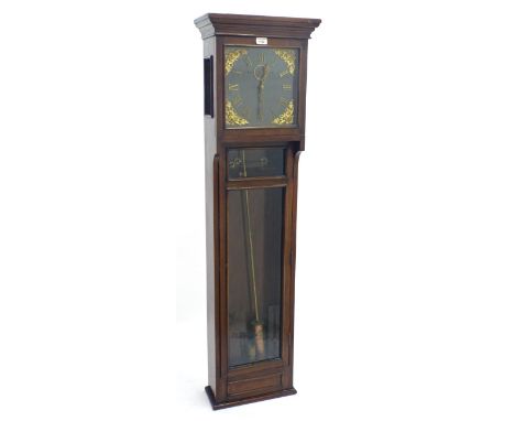 Mahogany cased electric trunk dial wall clock, the 10" dial with subsidiary seconds dial, over a long glazed trunk, 58" high 