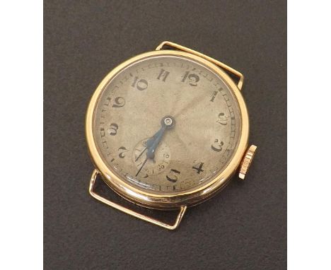9ct wire-lug gentleman's wristwatch, import hallmarks Edinburgh 1928, circular silvered dial with Arabic numerals, outer minu