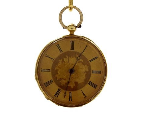 Swiss 18ct cylinder engine turned fob watch, the bar movement signed Marchan, Geneva, gilt foliate dial with Roman numerals a