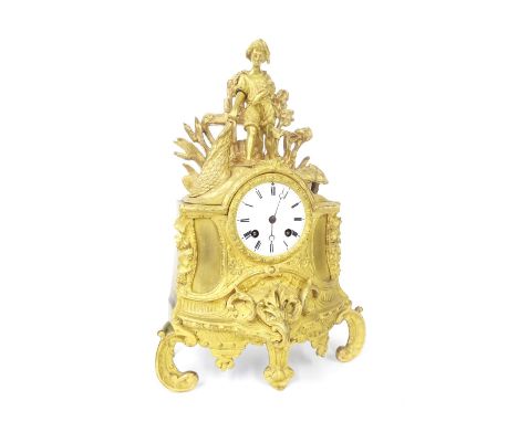 French gilt metal two train mantel clock striking on a bell, the 2.75" white dial signed Rollin á Paris, within an ornate cas